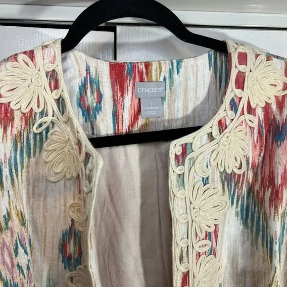 CHICO'S Daintree IKAT Print Soutache Linen Jacket Topper 3/4‎ Size 1(8/10) EUC - Picture 3 of 14